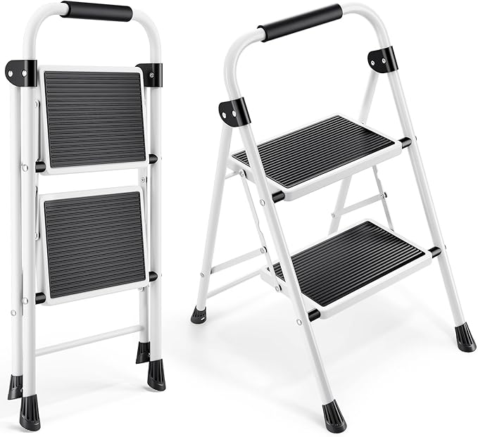 KINGRACK 2 Step Ladder, Folding Step Stool with Anti-Slip and Wide Pedal, Lightweight Stepladder with Handrails, Portable for Kitchen, Household, White