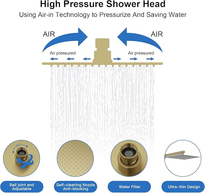 RUMOSE Brushed Gold Rainfall Shower System 12 Inch High Pressure Square Shower Head with 2 in 1 Handheld Spray Wall Mount Brass Bathroom Shower Faucet Set with cUPC Certified Rough-in Valve