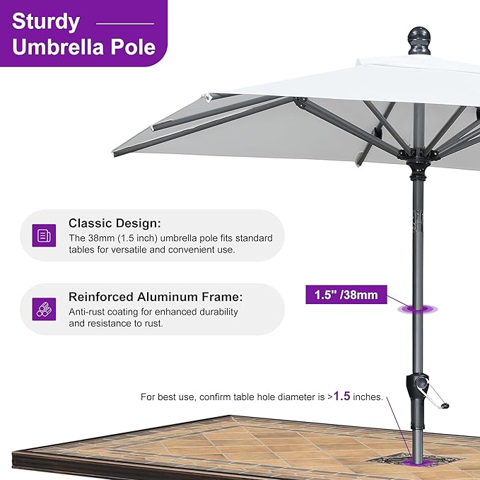 PURPLE LEAF 6' x 4' Rectangular Patio Umbrella Outdoor Table Umbrella Aluminum Frame Market Umbrella Sun Umbrella with 8 Sturdy Ribs Tilt for Garden Deck Lawn Pool White