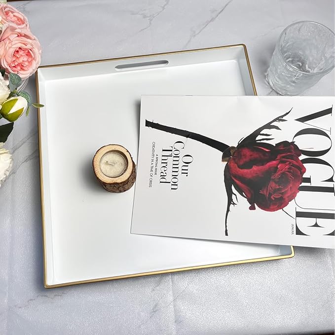 White Decorative Tray, Square Serving Tray with Handles, Plastic Coffee Table Tray for Ottoman, Living Room, Kitchen Tabletop, 13"x13"x1.6"