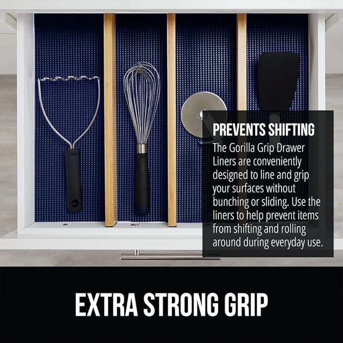 Gorilla Grip powerGRIP Drawer Shelf and Cabinet Liner, Thick Strong Hold, Non-Adhesive Liners Protect Kitchen Cabinets and Cupboard, Bathroom Drawers, Easy Install, Breathable Mat, 17.5" x20', Navy