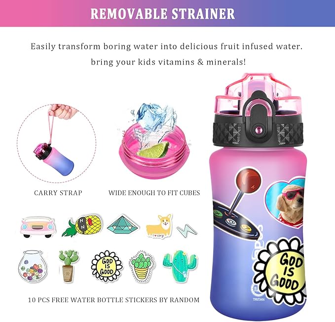 GOPPUS Kids Water Bottle with Straw Spout Lid 10pcs Stickers 12 oz Leak-proof BPA Free Motivational Time Marker Tritan Plastic Water Bottles for Girls Boys School Sports