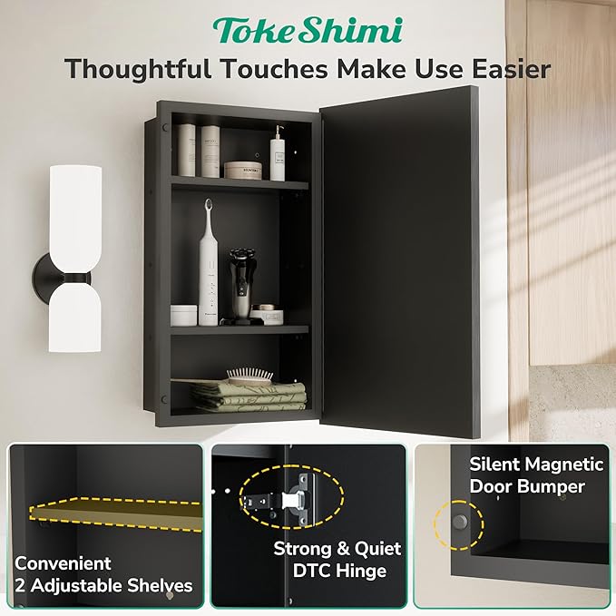 TokeShimi 48x30 Medicine Cabinet Mirror Bathroom Vanity Black Metal Framed Recessed or Surface Mounted Medicine Cabinet with Beveled Mirror with Storage Aluminum for Modern Farmhouse