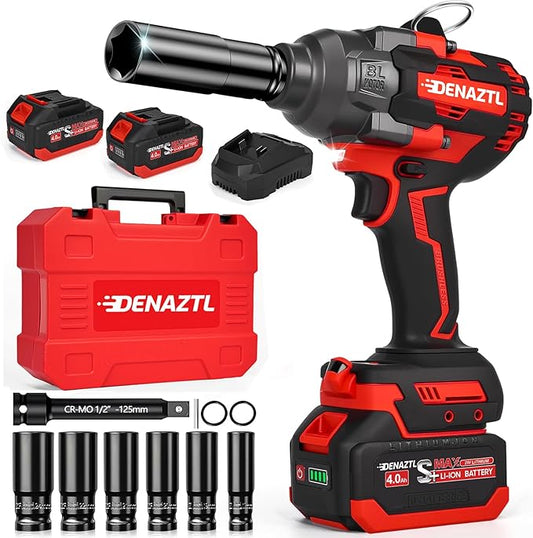900ft-lbs Impact Wrench 1/2 Cordless Impact Gun, 21V High Torque Impact Driver, Auto-stop, LED Light, 6 Sockets, 2x 4.0Ah Battery& Fast Charger, Electric Impact Wrench for Car/Truck/Mower