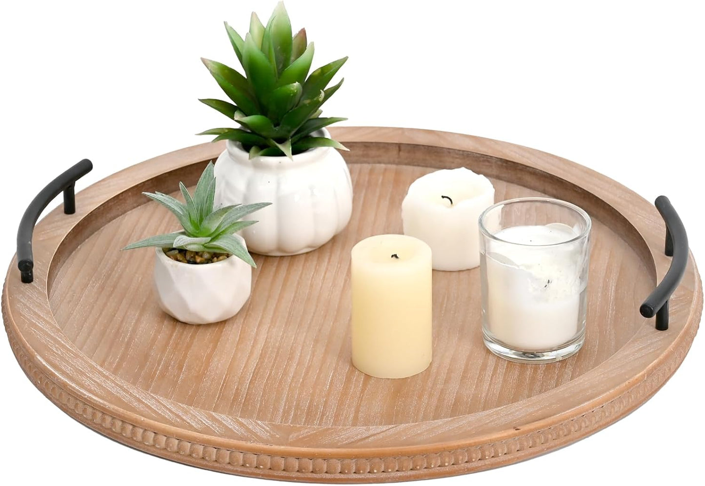 SwallowLiving 18Inch Brown Wooden Beaded Serving Tray with Handle Decorative Rustic Tray for Coffee Table Farmhouse Round Trays for Kitchen, Living Room and Bedroom