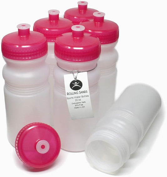 Rolling Sands 20 Ounce Sports Water Bottles 6 Pack, BPA-Free, Made In USA, Dishwasher Safe, Clear Frost Bottles/Pink