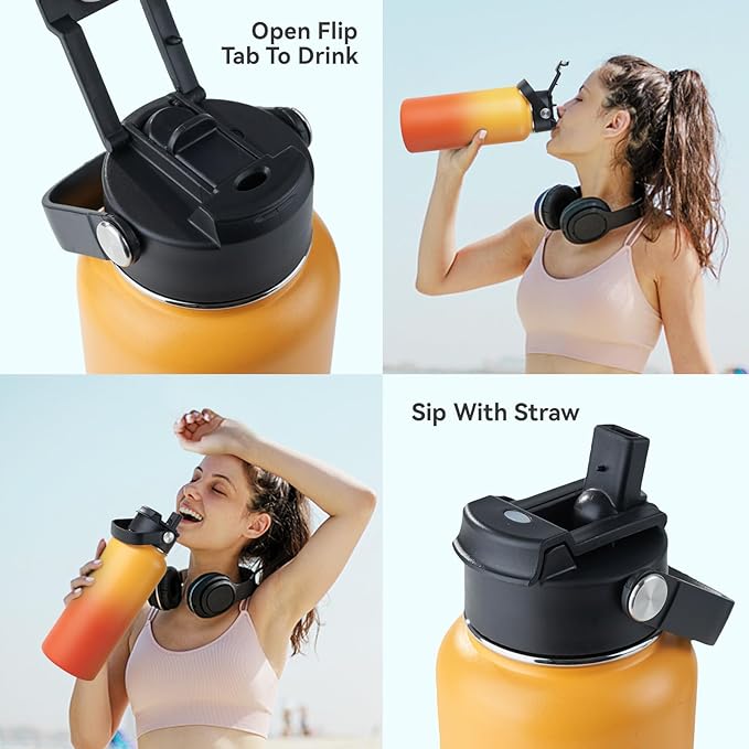 Kerilyn Stainless Steel Insulated Water Bottle, 40oz Double Wall Vacuum Insulated Water Bottle Leak Proof with Silicone Straw, Wide Mouth Lid, BPA Free, Keep Cold and Hot, 40oz, Orange Gradient