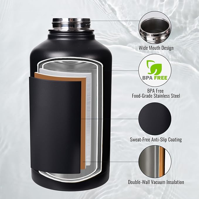 Gallon Water Bottle with Straw&Spout Lid, 128oz Stainless Steel Water Jug with Handle and Wide Mouth, One Gallon Vacuum Double Walled Jug for Sports, Outdoors, Leak-Proof. Black 128oz