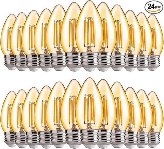 FLSNT 40W Equivalent LED Chandelier Light Bulbs, Dimmable Amber LED B11 E26 Candelabra Base Bulbs, 2200K Warm White, 330LM, 24 Pack UL,CA65 Listed.