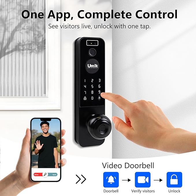 3D Face Recognition Smart Door Lock, Video Smart Lock with Camera&Doorbell, 6-in-1 Keyless Entry Door Lock for Front Door, APP Remote Control (Black)
