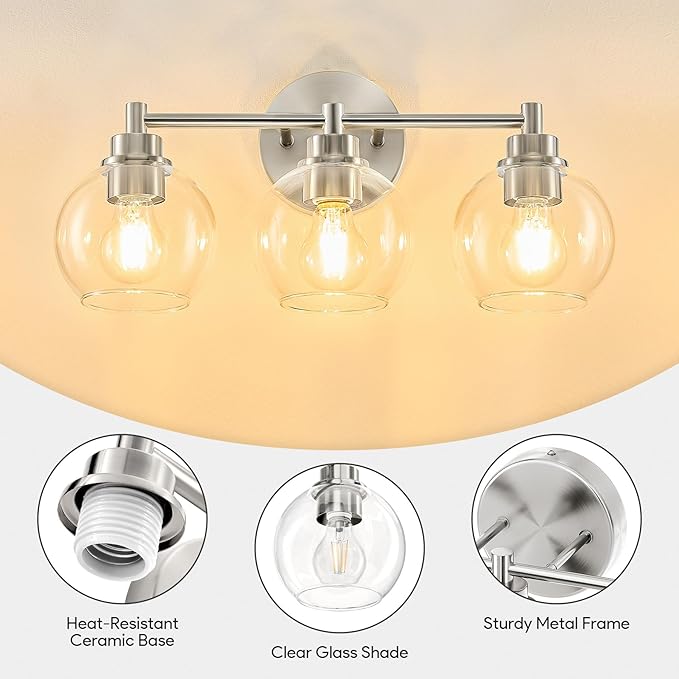 VONLUCE Bathroom Light Fixtures, 3-Light Vanity Light with Globe Glass Shades E26 Sockets, Bathroom Lights Over Mirror for Bedroom Hallway Living Room, Brushed Nickel Finish, ETL Certificated