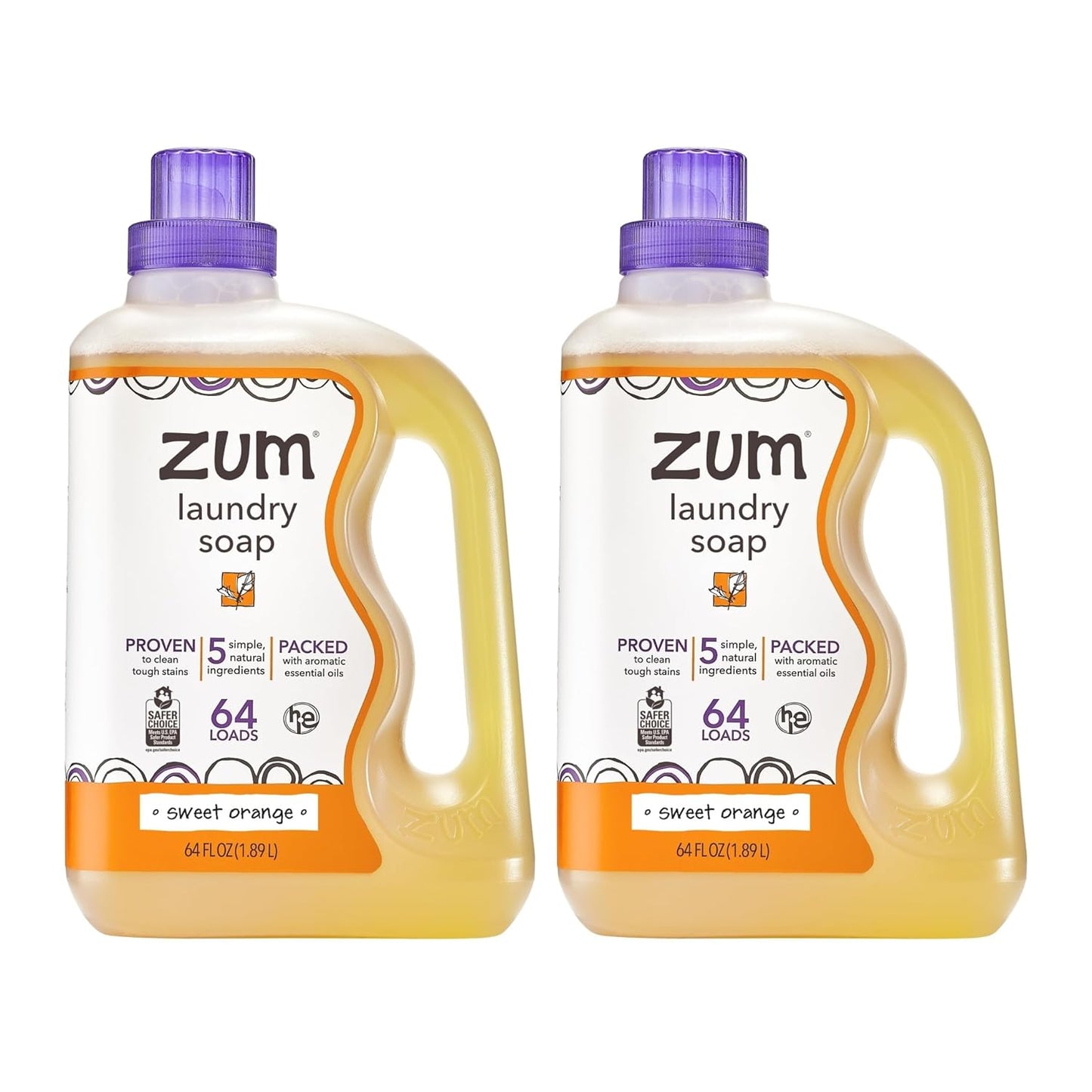 Zum Laundry Soap by Indigo Wild - Liquid, Plant-Based Soap with Baking Soda, Essential Oils, Coconut Oil & More - Wash Up to 64 Loads - Sweet Orange - 64 fl oz (2 Pack)