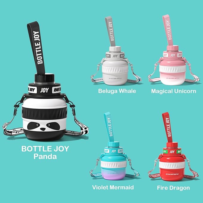 Stainless-Steel Water Bottle: Kids Water Bottle, Leakproof Lid, Perfect Sip, Double Insulated, Eco-Friendly, Dishwasher Safe & Stylish Strap, Gifts for Kids (Panda, 16 oz)