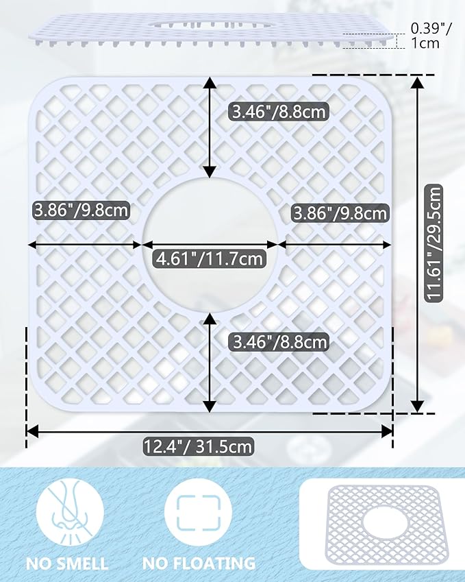 2 Pack Silicone Sink Protector for Kitchen Sink, Lozenge Pattern 12 x 11" Sink Grid Mat Silicone Protectors, Center Drain, White