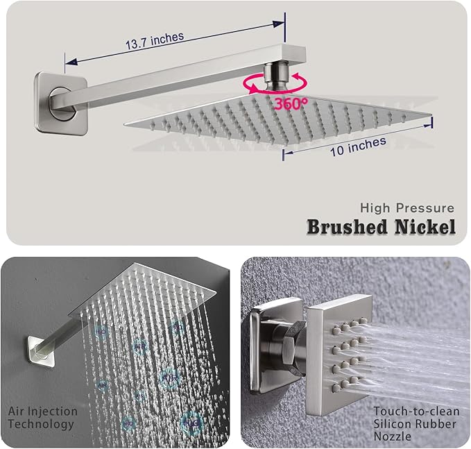 Full Body Shower System Concealed Shower Faucet Set with Body Massage Jets 10 Inch Shower Head Trim Kit 3 Function Wall Mount High Pressure for Bathroom