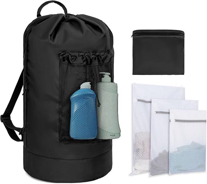 Laundry Bag Backpack with 3 Sizes Mesh Wash Bags and Shoulder Straps Foldable Laundry Hamper for College, Apartment, Laundromat (Black)