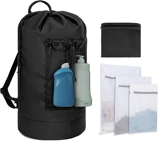 Laundry Bag Backpack with 3 Sizes Mesh Wash Bags and Shoulder Straps Foldable Laundry Hamper for College, Apartment, Laundromat (Black)