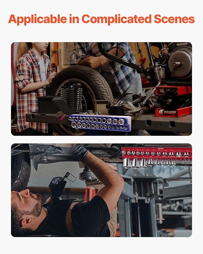 VEVOR Magnetic Socket Organizer Set, 4PCS Magnetic Socket Holder, 1/4'' & 3/8'' Metric SAE Socket Trays with Clear Labels, Hold up to 108PCS Standard & Deep Sockets, Blue & Red (Sockets Not Included)