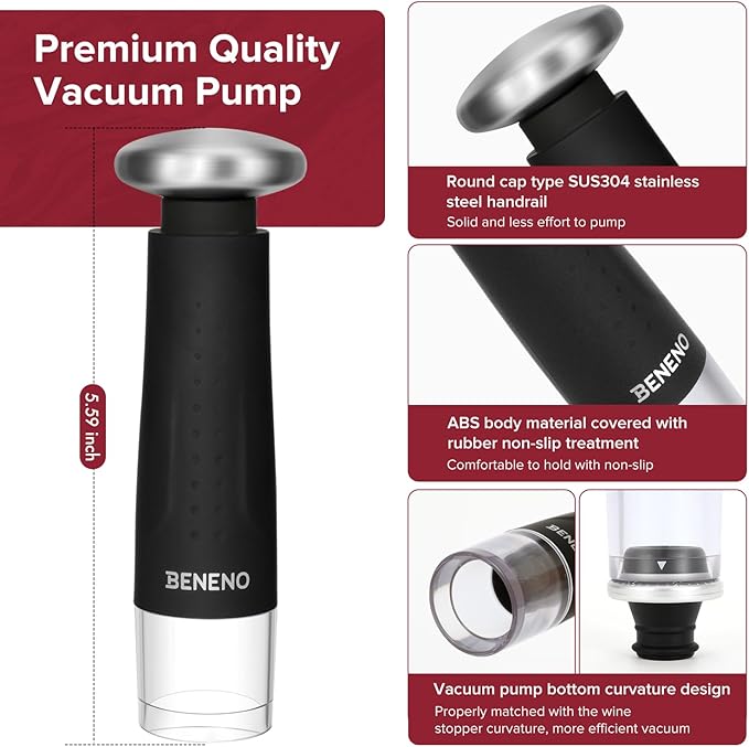 Beneno Wine Saver Vacuum Pump with 4 Wine Stoppers Keep Wine Fresh, Silicone Wine Bottle Stopper Wine Sealer Preserver, Ideal Wine Saver Accessories Gift