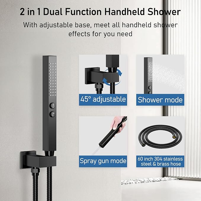 Thermostatic Shower Systems Matte Black Shower Faucets Sets, STARBATH 12+ 8" Wall Mount Rain Shower and 2 in 1 Handhled, Can Use All at Once, Push Button 3 Modes Valve and Trim Kit Complete Shower Set