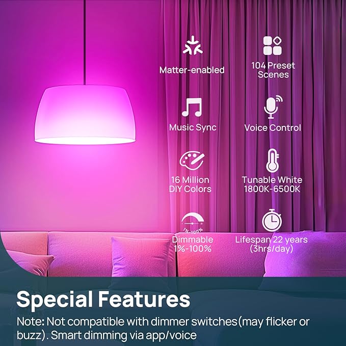 Linkind Matter Smart Light Bulb,1600LM 100W Smart Bulbs Work with Alexa/Apple Home/Google Home/SmartThings, RGBTW LED Color Changing Bulbs Music Sync, 2.4GHz Wi-Fi Light Bulbs LED 11W, A21 E26, 2Pack