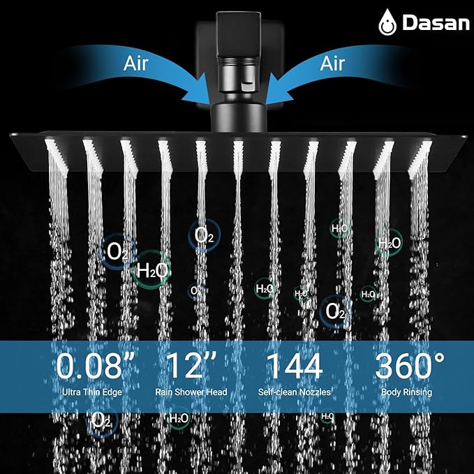 Full Body Rain Shower System with 4 Body Shower Jets & 12’’ Wall Mount Rainfall Shower Head & Handheld, DASAN Multi Shower Head System Matte Black Rain Shower Faucets sets Combo with Rough-in Valve