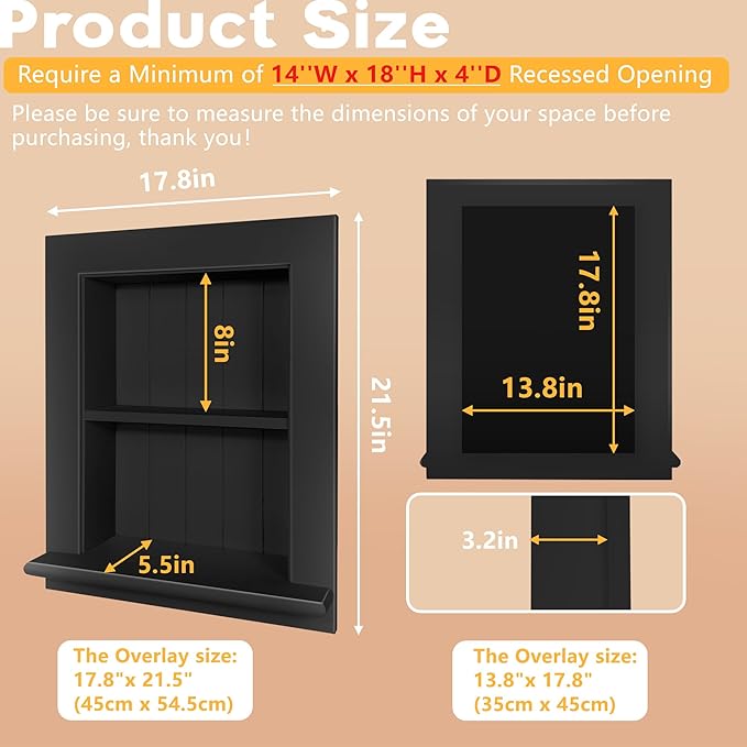 Royxen Bathroom Medicine Cabinet 14 x 18 Inch, Recessed, Large 2-Tier, Black