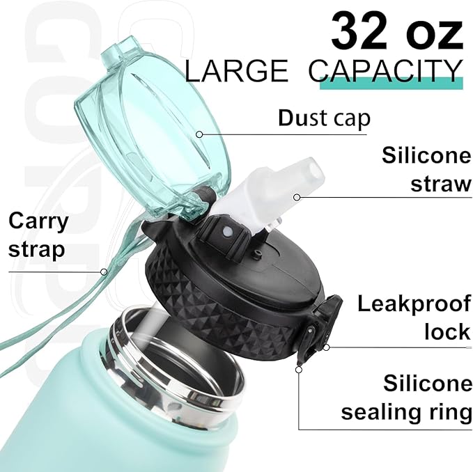 GOPPUS 32 oz Sports Water Bottle 1 Liter Double Wall Insulated Stainless Steel Water Bottles with Straw Lid Reusable Leak proof Metal water bottles with Strap Handle(Green Pink 1 lid)