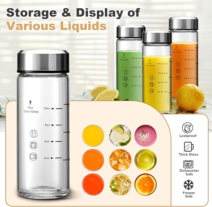 SIEROZUR Juice Bottles - 4 Pack Wide Mouth Glass Bottles with Lids - for Juicing, Smoothies, Infused Water, Beverage Storage - 12oz, BPA Free, Stainless Steel Lids, Leakproof, Reusable, Borosilicate