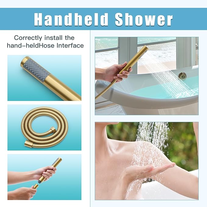 Floor Mount Bathtub Faucet，Freestanding Tub Faucet ，High Flow Dual Function 360 Degree Rotating Tube and Handheld Water Outlet (Brushed Gold)