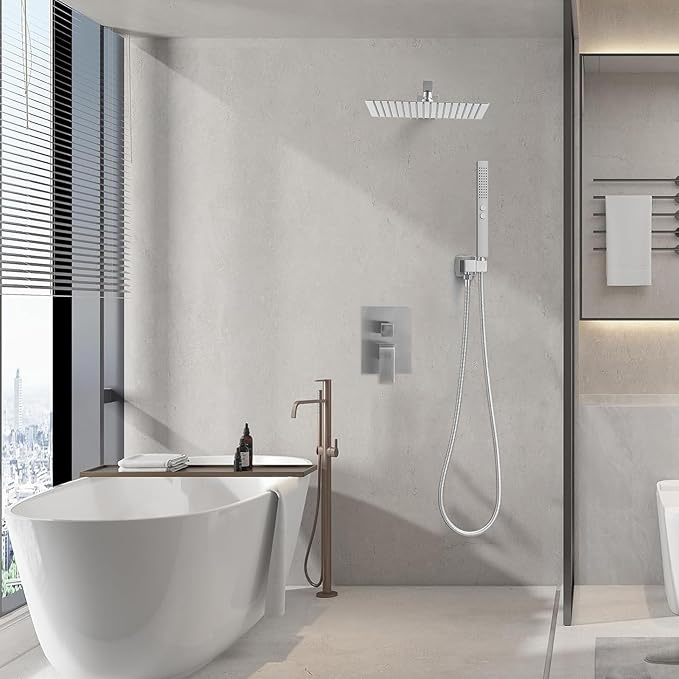 RUMOSE Brushed Nickel Rainfall Shower System 12 Inch High Pressure Square Shower Head with 2 in 1 Handheld Spray Wall Mount Brass Bathroom Shower Faucet Set with cUPC Certified Rough-in Valve