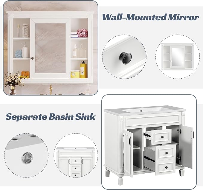 Merax 36" Bathroom Vanity with Sink, 36 inch Bathroom Vanity Storage Cabinet with Matching Mirror Medicine Cabinet, Ceramic Sink Top, Solid Wood Frame, Painted Finish (White)