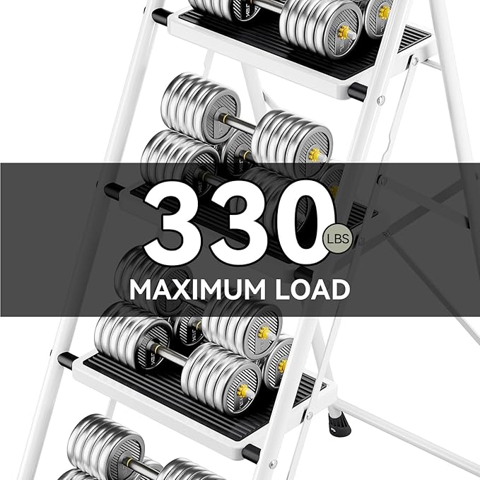 KINGRACK 4 Step Ladder, Folding Step Stool with Anti-Slip and Wide Pedal, Lightweight Stepladder with Handrails, Portable for Kitchen, Household, White