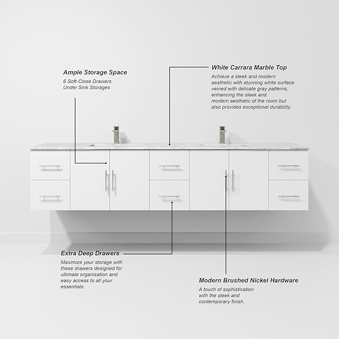 Sonoma 84 in. W x 22 in. D Glossy White Double Bath Vanity and Carrara Marble Top