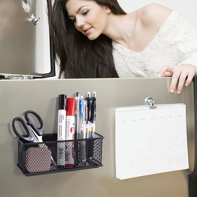dedoot Magnetic Pencil Holder, Black Mesh Pen Organizer Strong Magnetic Storage Basket Organizes Pens, Pencils, Markers for Whiteboard, Locker, Fridge, Cubicle Desk, Offices 6.3x2.3x2.6inch,2 Pack