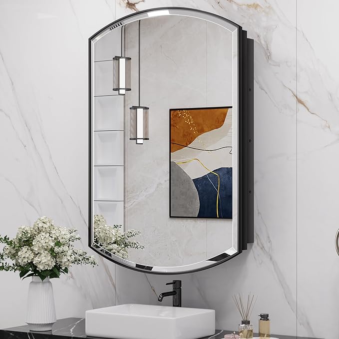 Keonjinn 24” x 36” Medicine Cabinet Mirror, Surface Mount or Recessed Medicine Cabinet with Beveled Mirror, Modern Bathroom Mirror with Storage, Black Metal Framed Wall Mirror Cabinet