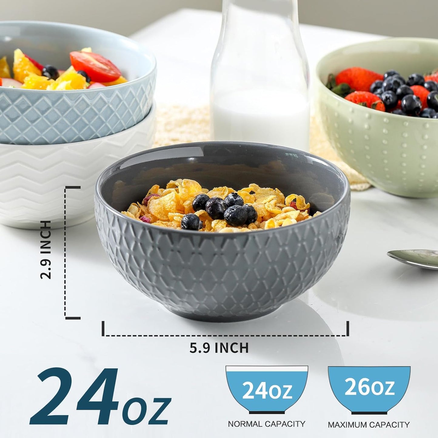 Hasense Soup Bowls 26 OZ, Ceramic Bowls Set of 4 for Kitchen, Embossed Stoneware Porcelain Cereal Bowls for Soup, Cereal, Oatmeal, Fruit, Salad, Noodle and Rice, Microwave Dishwasher Safe, Multi-color