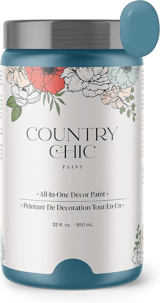Country Chic All-in-One Chalk Paint for Furniture, Cabinets, Home Decor, Eco-Friendly, Matte Finish, Built-In Primer & Top Coat for Wood, Metal - Tide Pool (Blue) - Quart 32 oz (950 ml)