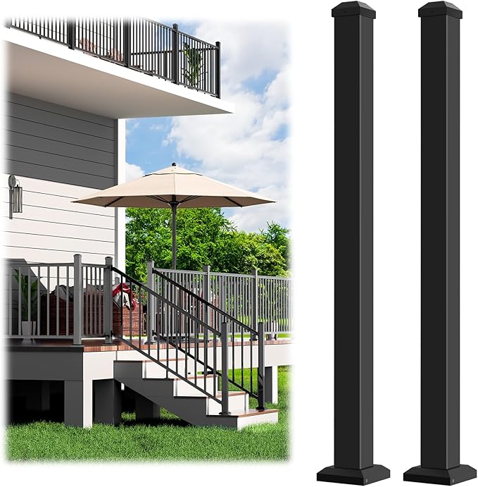 2.56 in. x 2.56 in. x 39 in. Aluminum Railing Post, Porch and Deck Railing Post with Screws, Black Textured Outdoor Powder-Coat Finish Stair Post for Decks, Porches & Balconies (2 Post)