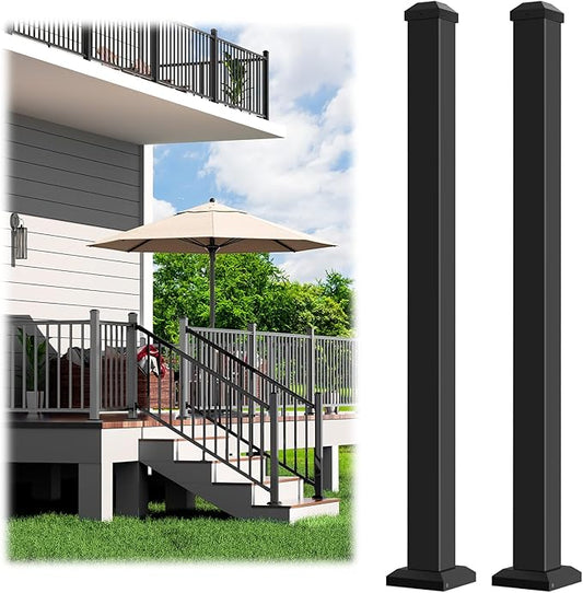 2.56 in. x 2.56 in. x 39 in. Aluminum Railing Post, Porch and Deck Railing Post with Screws, Black Textured Outdoor Powder-Coat Finish Stair Post for Decks, Porches & Balconies (2 Post)