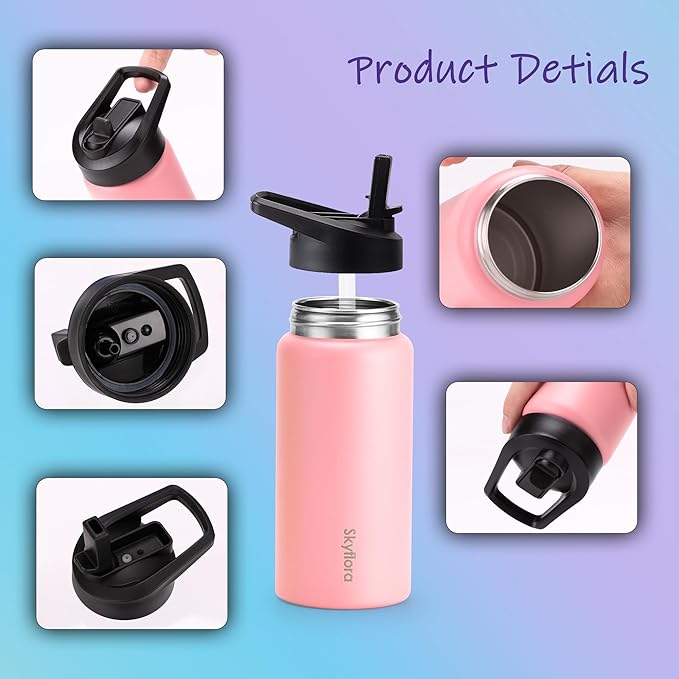 Kids Water Bottle with Straw, 16oz Cute Water Bottle, Single Wall 18/8 Stainless Steel, Dishwasher Safe & Leakproof, Reusable Gift for Girls Boys to School Sports Travel Camping, Pink