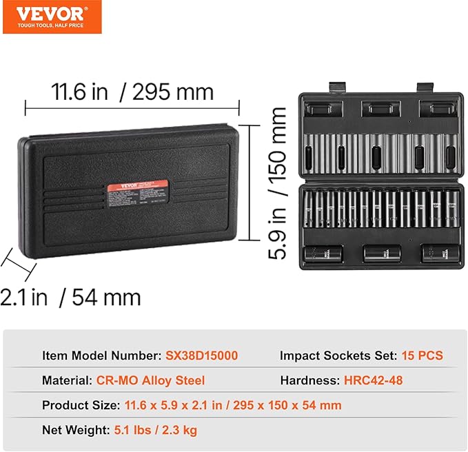 VEVOR 3/8" Drive Impact Socket Set, 15 Piece Deep Socket Set Metric 8-22mm, 6 Point Cr-Mo Alloy Steel for Auto Repair, Easy-to-Read Size Markings, Rugged Construction, Includes Storage Case