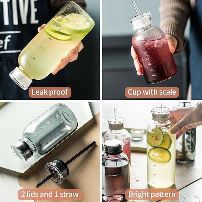 Glass water bottle With Time Marker -24oz with 2 caps and straw,Reusable Glass Drinking Bottles，Suitable For Drinks, Juices, Sodas, Coke, As Gifts Etc (Smoky 24oz*2pcs)