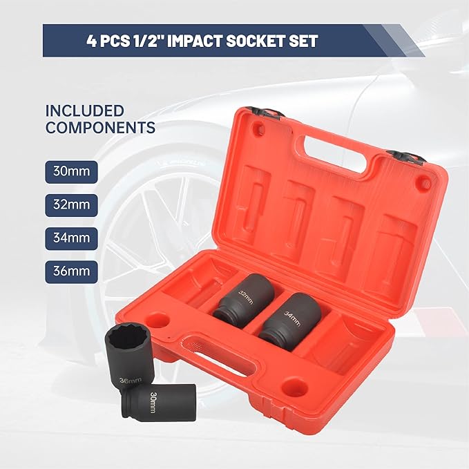 1/2" Drive 12 Point Impact Socket Set 4PCS Deep Impact Socket Set 30mm,32mm,34mm,36mm CR-MO Heavy-duty Axle Nut Socket Set with Portable Case,Black