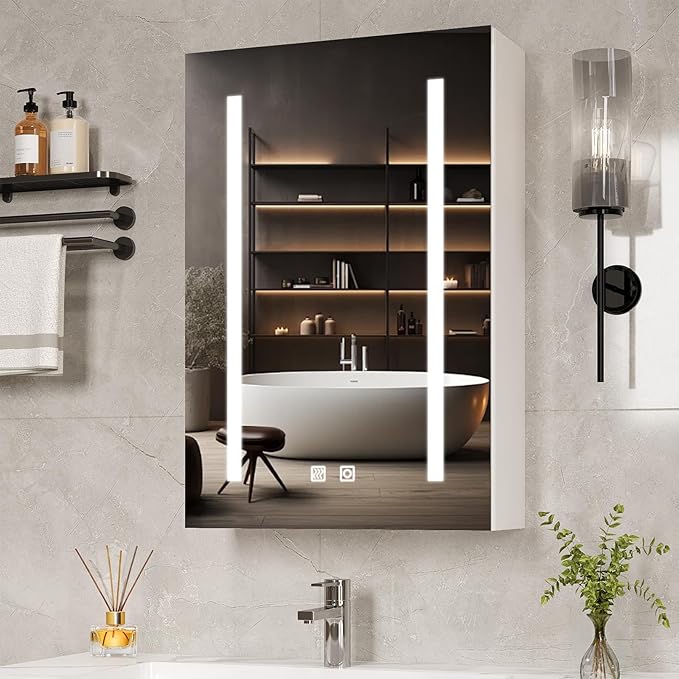 VINGLI 16Inch Medicine Cabinet with Lights, Lighted Medicine Cabinet with Mirror, Led Wall Mirror with Storage for Bathroom,Wall Mounted,3-Color Memory Mode Light，White,5.9" D x 15.75" W x 23.6" H