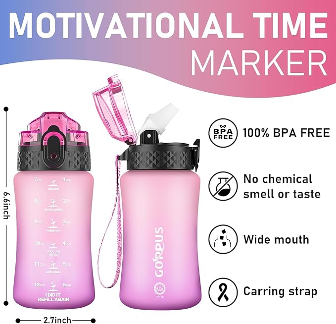 GOPPUS Kids Water Bottle with Straw Spout Lid 10pcs Stickers 12 oz Leak-proof BPA Free Motivational Time Marker Tritan Plastic Water Bottles for Girls Boys School Sports