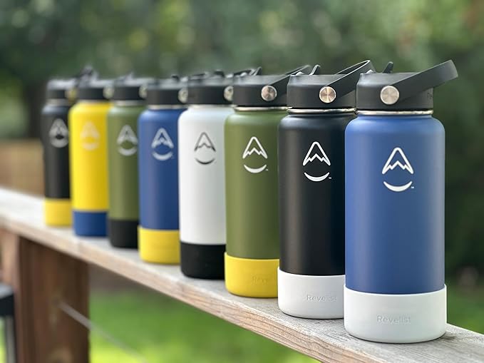 Revelist Sports Water Bottle - 32 Oz, 3 Lids (Straw Lid, Spout & Screw Top) with Boot, Vacuum Insulated Stainless Steel, Double Walled, Reusable Water Flask, Metal Canteen - Blue & Yellow