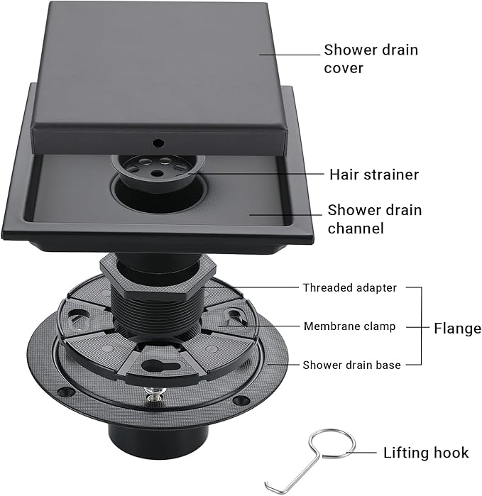 4 Inch Shower Floor Drain, SUS304 Stainless Steel Square Bathroom Floor Drain with Flange Reversible 2-in-1 Cover Insert Tiles for Filtering, Matte Black