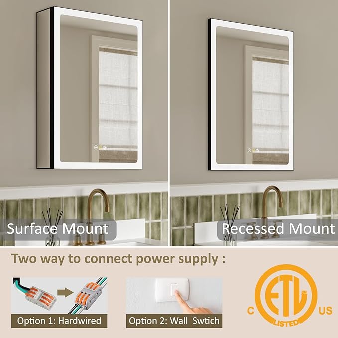 24x30 Inch Medicine Cabinet with Mirror, Recessed or Surface Mount Bathroom Medicine Cabinet with LED Lights, Anti-Fog, Adjustable Shelf, Dimmable Light, Outlets & USB,ETL Listed, Black