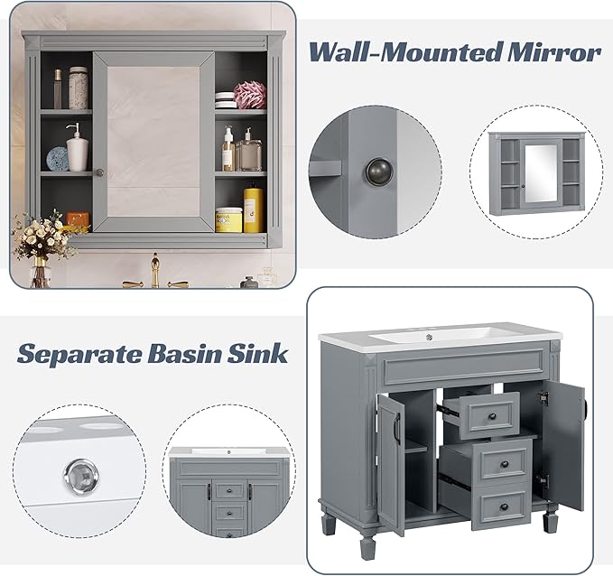 Marzzi 36"" Bathroom Vanity with Sink & Matching Medicine Cabinet, 36 inch Bathroom Vanity Storage Cabinet with Sink Top, 2 Drawers, and Mirror Cabinet, Grey